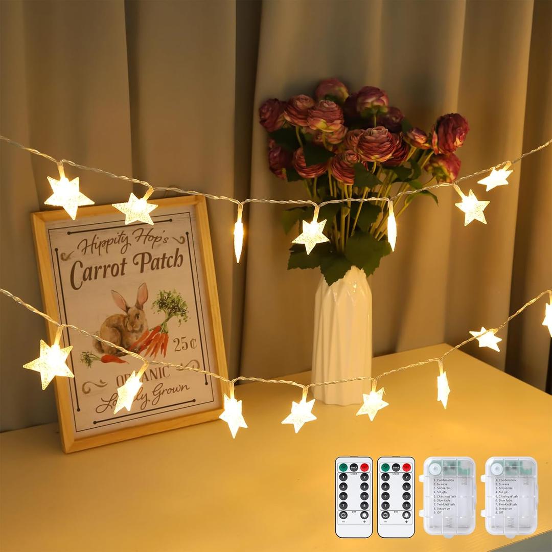 2 Pack Star String Lights Total 33ft 100 LED Hanging Star Fairy Lights Battery Operated for Indoor Outdoor Waterproof Twinkle Lights with Remote Control for Bedroom Party Christmas Decor Warm White