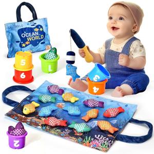 Montessori Toys for 1 Year Old Boy Girl Gifts, Cloth Fishing Game Toddler Toy 1-3, Sorting Learning Baby Toys 6-12-18 Months, Toddler Toys for Baby Easter Gifts (Blue)