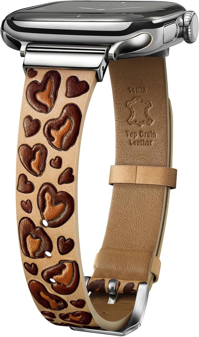 Slim Leopard Leather Bands Compatible with Apple Watch 38mm 40mm 41mm 42mm 44mm 45mm 46mm 49mm for Women, Thin Engraved Genuine Leather Strap for iWatch Series 11 10 9 8 7 6 5 4 3 SE Ultra