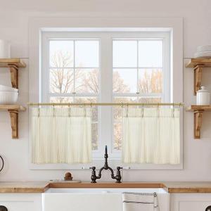 12 Inch Curtains Length,Cafe Striped Linen Farmhouse Sheer Small Window Curtains for Kitchen Bathroom,24 x 12 Inch Long 2 Panels Set (Tan)