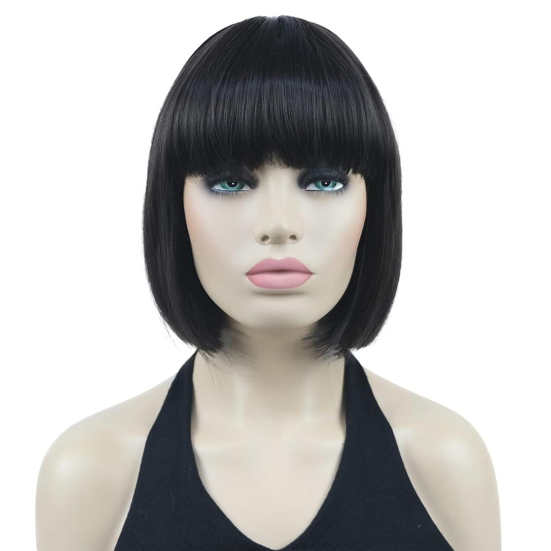 Lydell 8" Straight Short Bob Hair Flat Bangs Cute Central Dot Skin Top Heat Resistant Synthetic Wig (4 Dark Brown)