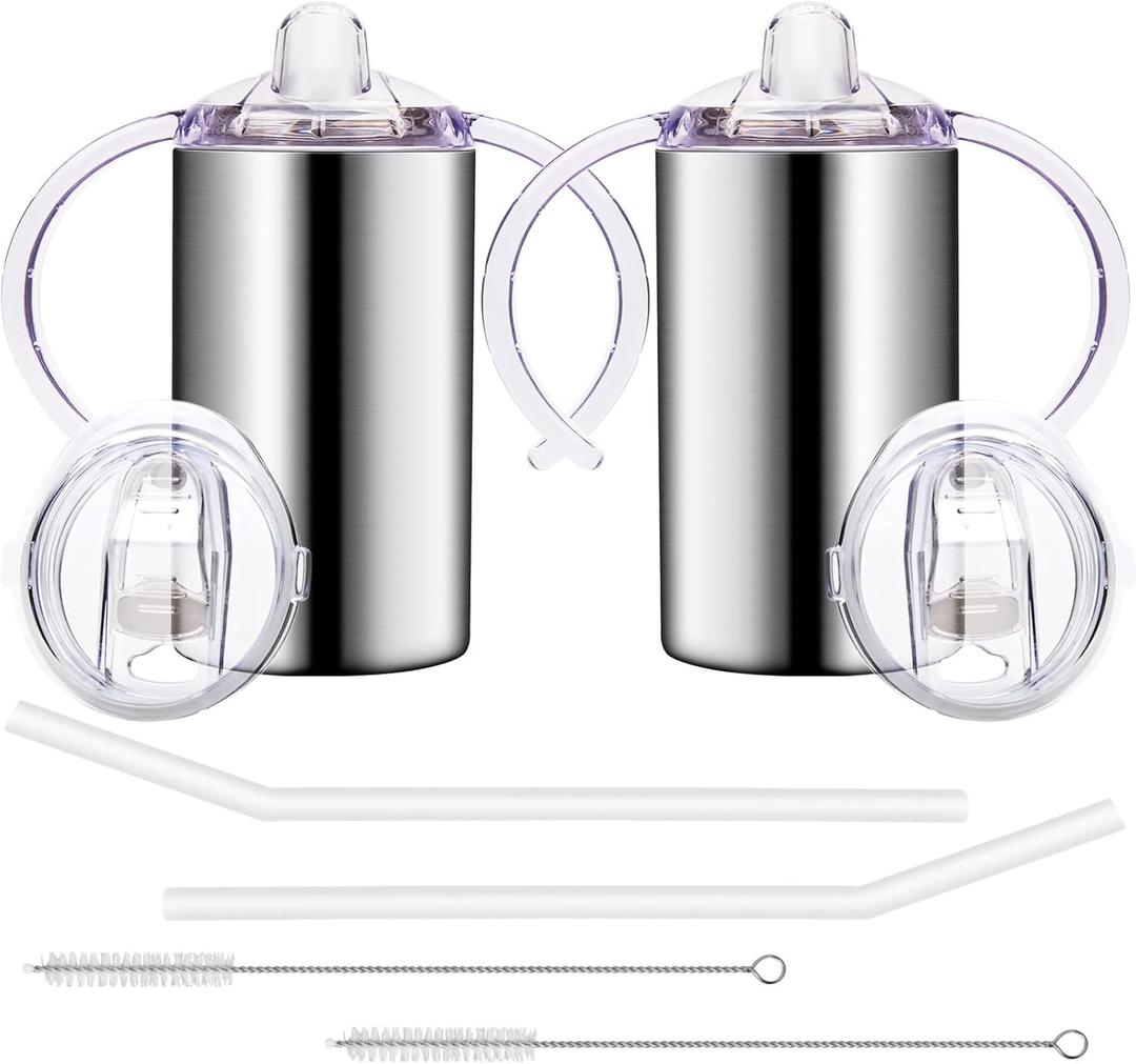 12oz Stainless Steel Sippy Cups for Toddlers with Handles, Spill Proof Double Wall Vacuum Insulated Sippy Cups, Kids Straw Cups with Extra Lids for School, Outdoor, 2 Pack