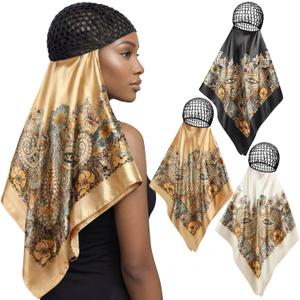 3 Pcs Wrap Hair Net with Scarf, Women Silk Press Head Wrap Netted Scarf 2 in 1 Easy-to-use for Silk Press & Nighttime Care, Styling, Sleep & Shower Cap(Luxury Boho,Beige Yellow Gold)