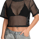 Women's Mesh Top Fishnet T Shirts Sheer Loose Short Sleeve See Through Crop Tops, Size M
