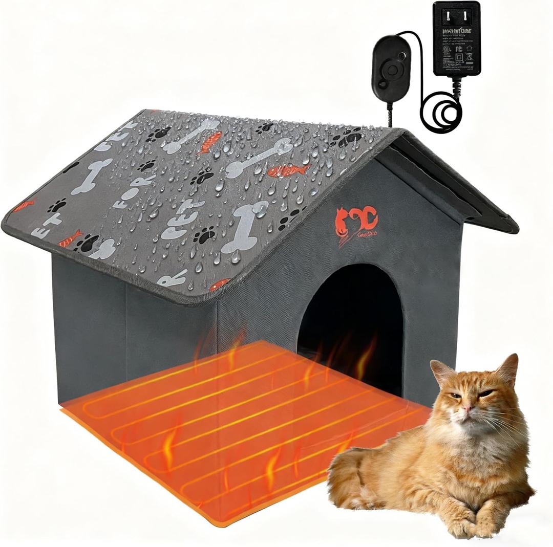 Heated Cat House, Indoor Outdoor Dog House with 3 Adjustable Temperature, Pressure Activated, Chew-Resistant Cord, Warm Shelter for Cats & Small Dogs(PE Board)