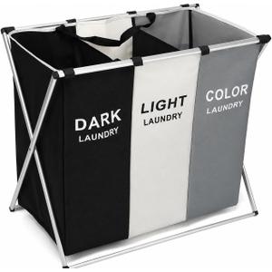 TEEM 3-Section Laundry Basket Organizer, Foldable Hamper with Dividers, 150L Large Capacity, Waterproof 600D Oxford Fabric, Freestanding Lightweight Clothes Sorter Bedroom, Dorm, Bathroom (24x15x26in), 25.6" x 15" x 23.6"