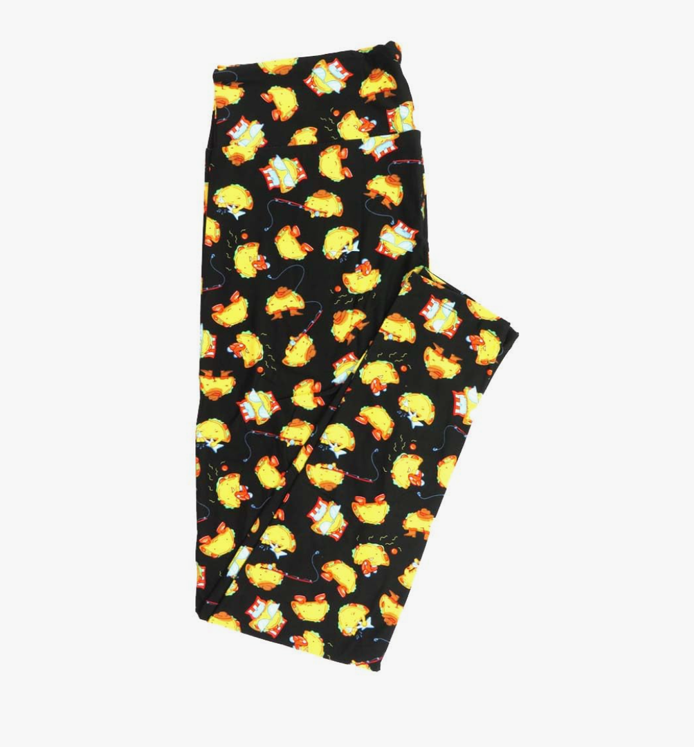 Lularoe Tall Curvy (TC fits Sizes 12-18) Taco Tuesday Happy Tacos Black Red Green Yellow Buttery Soft Adult Leggings, Pack Of 3