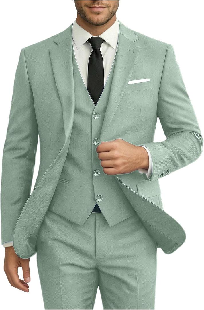 Men Suits 3 Pieces Set Slim Fit Wedding Suit Groomsmen Prom Suit Tuxedo Business Formal Casual Groom Suit Jacket Blazer Pants (Green, L)