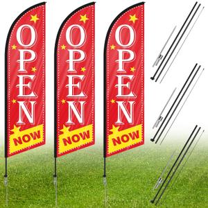 Preboun 3 Set Open Feather Flag Pole Kit 8.53 ft Now Open Flags Tall Grand Opening Advertising Banners with Poles and Ground Spikes Business Double Sided Swooper Sign for Outside House Supplies, Red