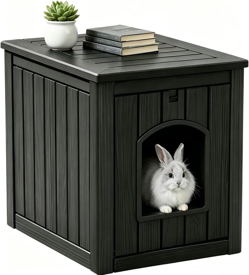 Rabbit Hideout Small Animal Habitat,Litter Box Enclosure Resin Weatherproof Black Bunny House, Multi-Functional Small Pet Hutch for Indoor/Outdoor Use, Ideal for Large Rabbits, Guinea Pigs & Ferrets