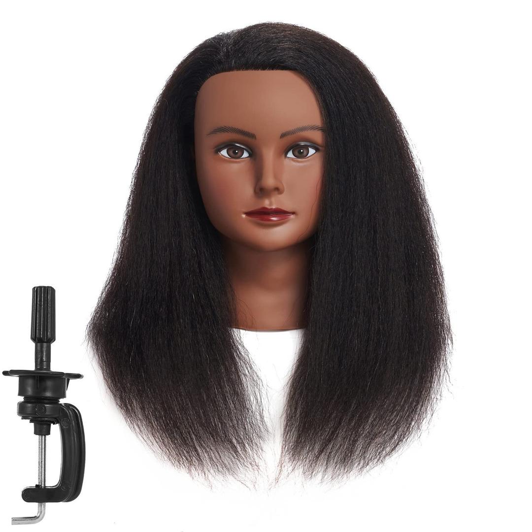 Traininghead 100% Real Hair Mannequin Head Training Head Cosmetology Doll Head Manikin Practice Head Hairdresser With Free Clamp Holder Female (Black Hair B) (14 Inch (Pack of 1))