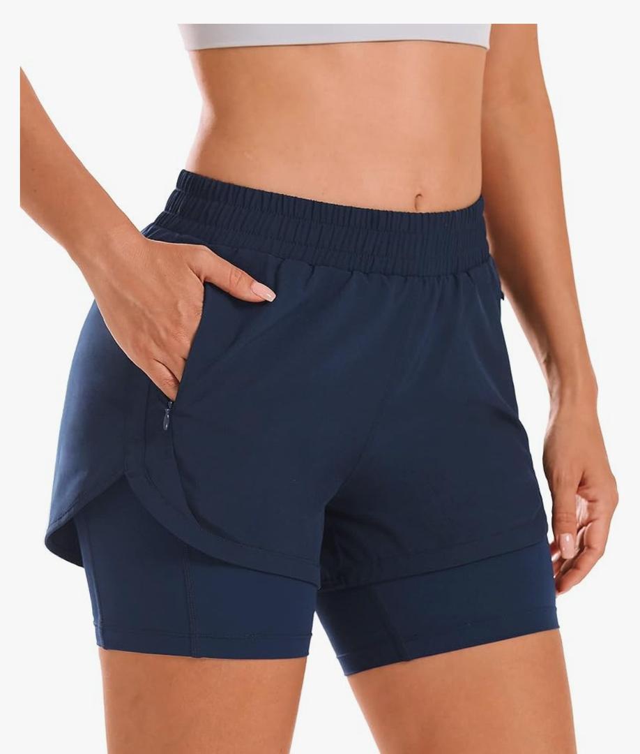 Stelle Women 2 in 1 Running Shorts High Waisted Athletic Shorts Gym Workout Shorts with Liner Zipper Pockets (L)