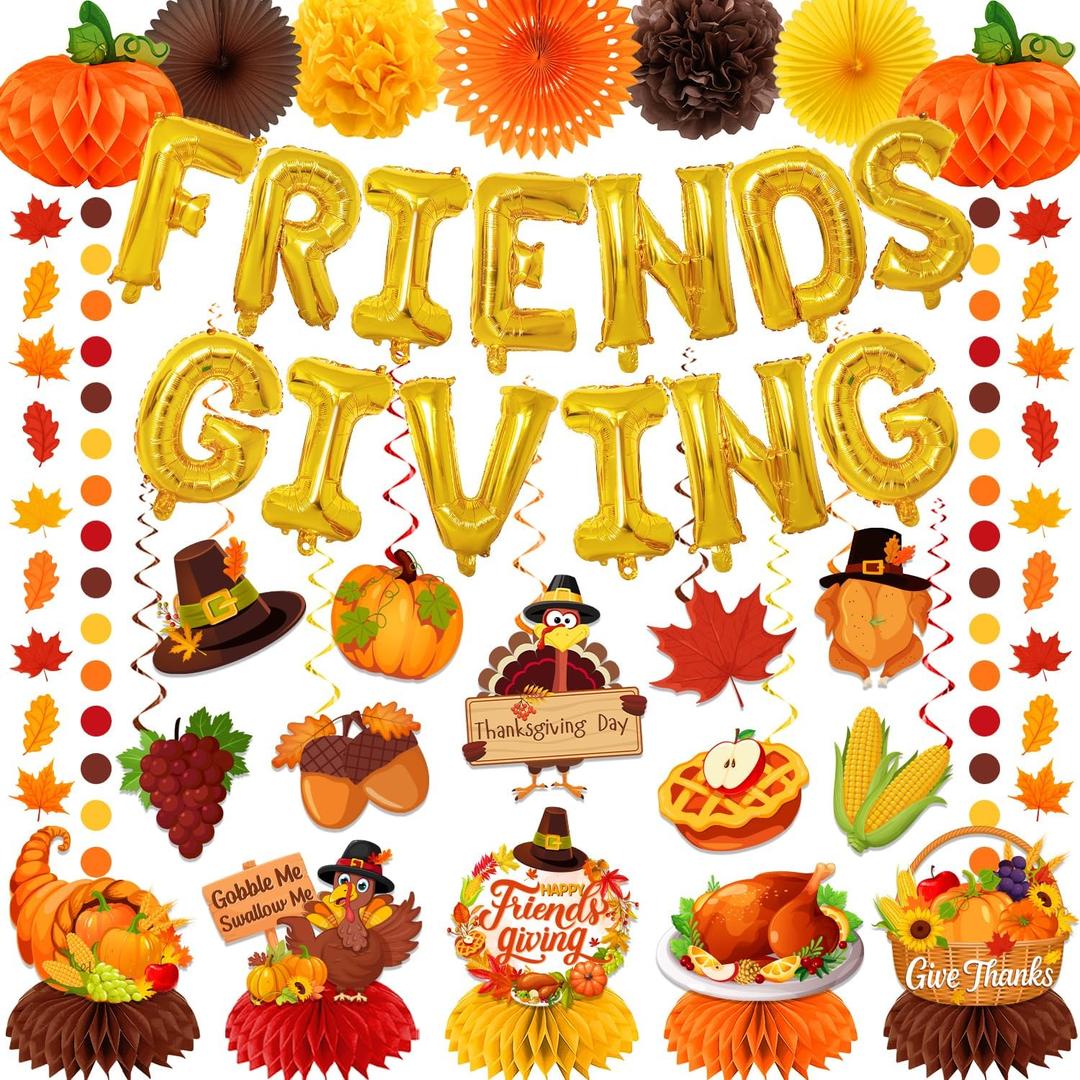 Friendsgiving Party Decorations, Friendsgiving Decorations Kit includes Friendsgiving Letter Balloons Honeycomb Centerpieces Leaf Garland, Fall Friends giving Thanksgiving Indoor Outdoor
