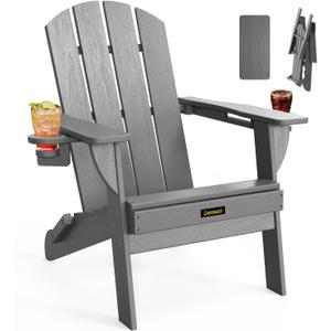 Folding Adirondack Chair, Wooden Textured Plastic Adirondack Chairs with 2 Cup Holder, Weather Resistant HDPE Fire Pit Chair, Outdoor Patio Chairs for Garden, Backyard, Lawn, Deck, 380LBS, Grey