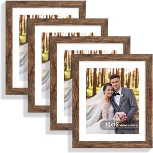 10x12 Picture Frame Set of 4, Made of Real Glass and Rustic Brown Frame - Display Picture 8x10 with Mat or 10x12 Without Mat, 10 by 12 Photo for Wall Mounting