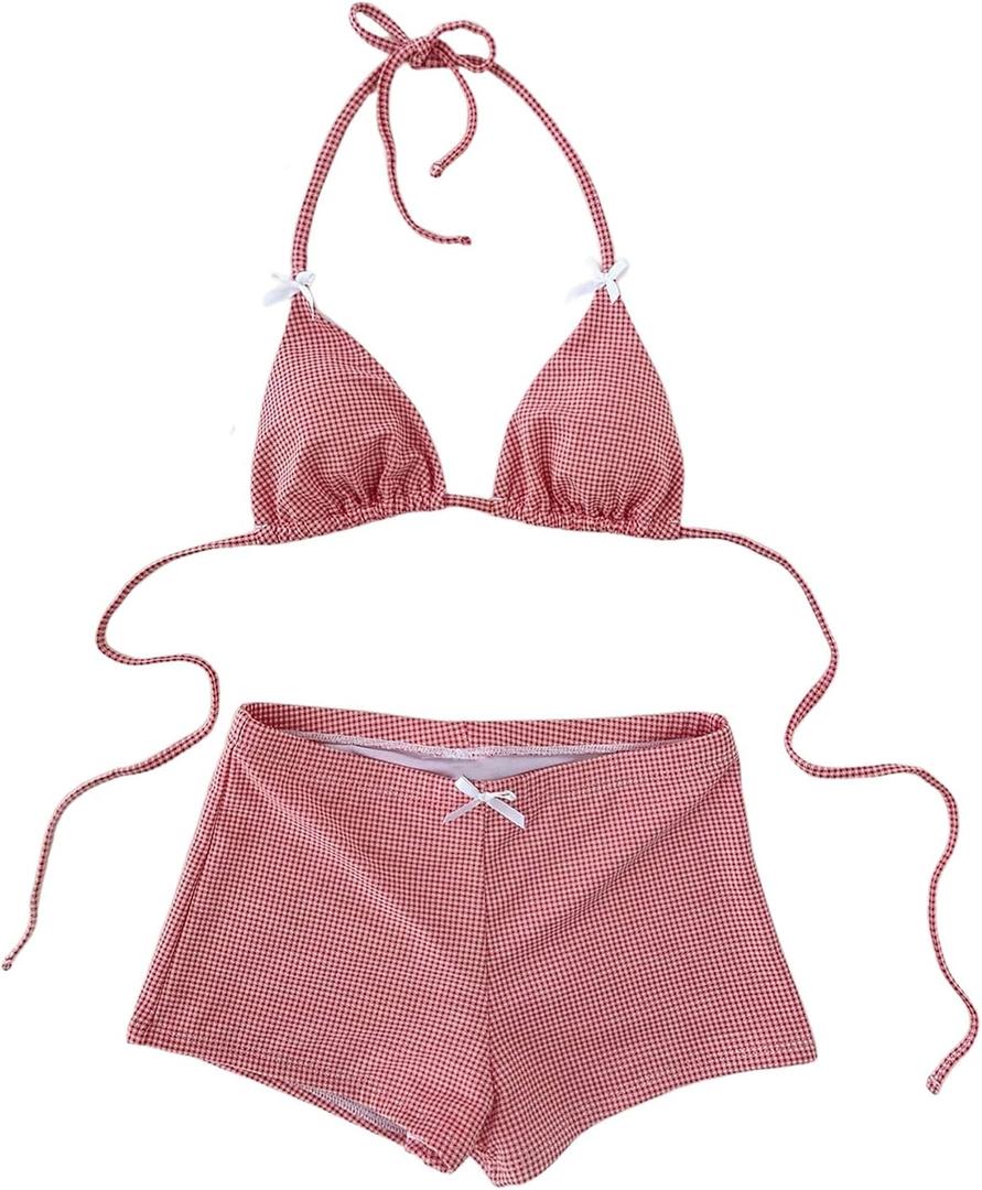 MakeMeChic Women's Gingham High Waisted Bikini Set Halter Triangle Tie Back Bathing Suit with Boyshorts (Large, Red and White)