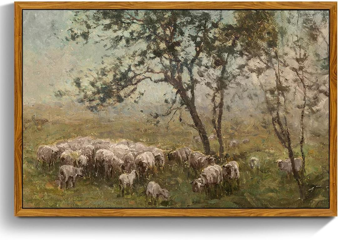 crmotu Vintage Framed Wall Art, Animal Landscape Canvas Prints, Prairie Sheep Rustic Farmhouse Decor Pictures, French Country Retro Paintings Wall Decor Living Room Bedroom Bathroom Kitchen 16x24in
