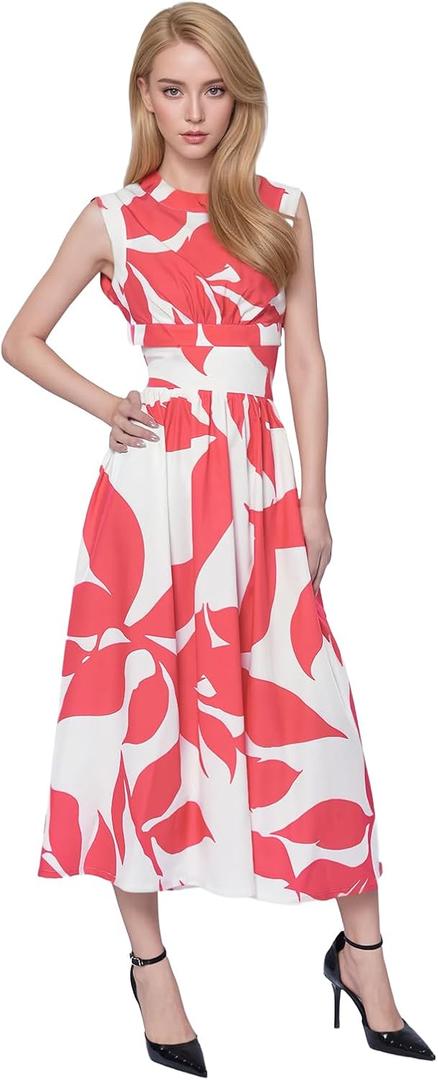 Womens Cut Out Dress - Floral Sleeveless Casual Beach Maxi Dresses, Lightweight Flowy Crewneck Sundress (XX-Large, Red)
