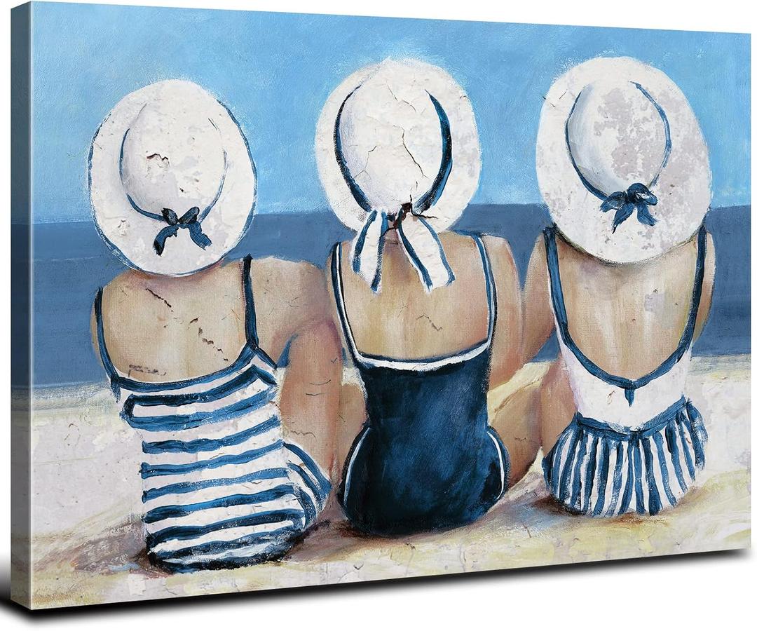 Beach Girls Wall Art Coastal Room Wall Decor Vintage Ocean Landscape Picture Nautical Bathroom Canvas Prints 16x24, Seascape Poster Retro Swimsuit Girl Painting Modern Artwork Bedroom Decoration