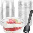 12oz Plastic Dessert Cups with Flat Lids (No Hole) and SpoonsDisposable Snack Cups for Ice Cream, Pudding,Desserts at Party, Fruit Cup. (50)