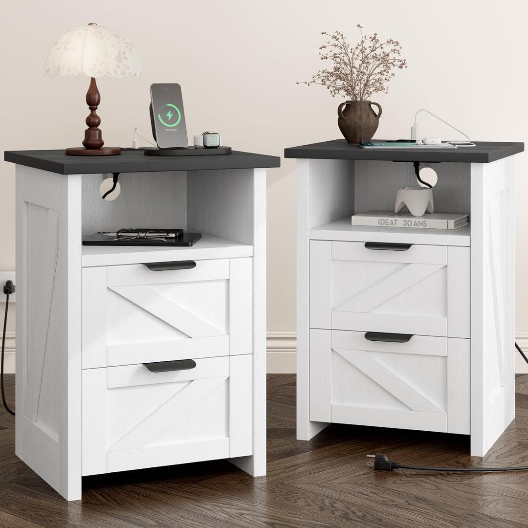Farmhouse Night Stand Set of 2 with Charging Station, Bedside Table w/2 Drawers & Storage, Rustic End Tables for Bedroom, Living Room, Small Spaces, Home Office, White