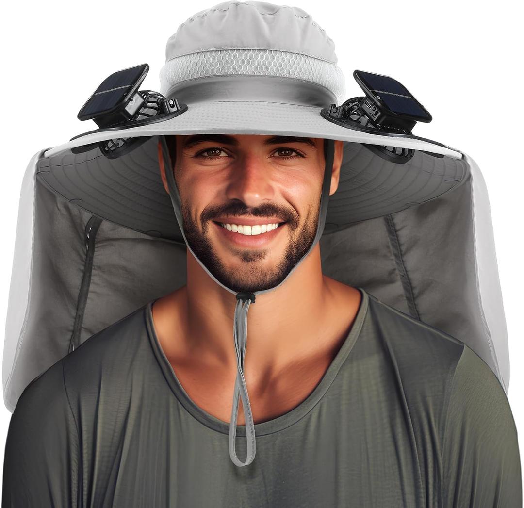 Chuarry Wide Brim Sun Hat with 2 Solar Fans and Neck Flap Outdoor Solar Powered USB Charging Bucket Fishing Hat for Men Women