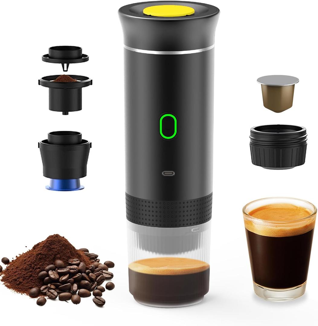 Decdeal Cordless Coffee Machine for Car Home Travel 3 in 1 Electric Coffee Maker Work With Capsule and Ground Coffee 15Bar Mini Cold Brew and Heating Coffee Maker with 150ml Cup (Black)