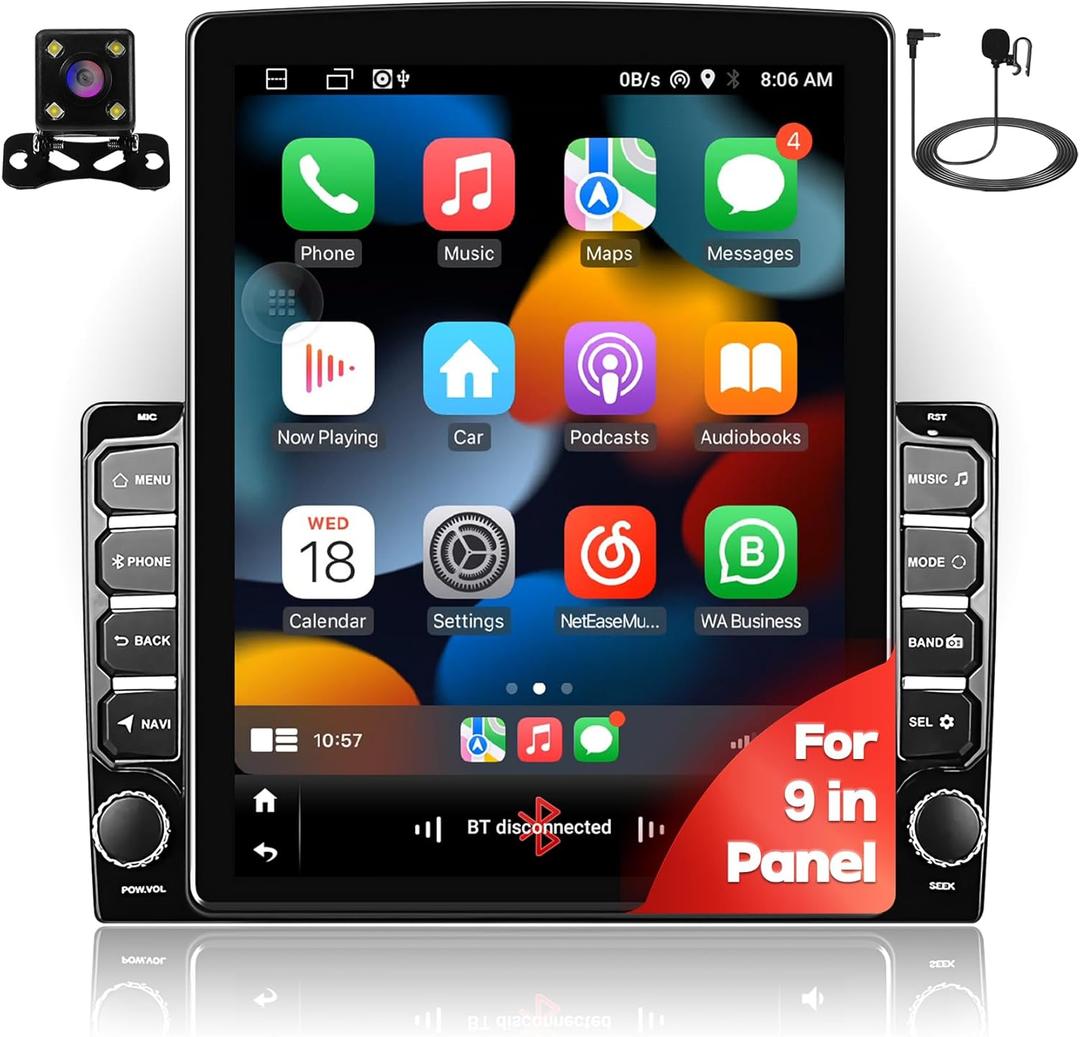 9.7" 4Core IPS 2+32GB IPS Vertical Screen Android Car Radio Audio Video Stereo Receivers for 2Din Raido Model with CarPlay Android Auto WiFi BT MirrorLink Split Screen PIP GPS Navigation