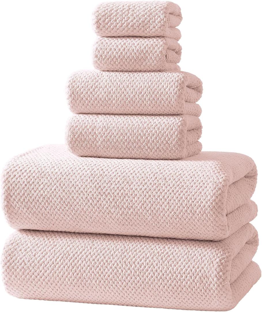 REDKISS 6-Piece Bath Towel Set - 2 Washcloths, 2 Hand Towels, 2 Bath Towels | Ultra-Fiber Coral Fleece, Super Absorbent, No Lint & No Fading | Perfect for Bathroom, Spa, Gym | Family & Adults-Pink