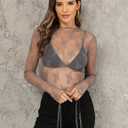 Ugerlov Women's Long Sleeve Mesh Top Mock Neck Sheer Blouse See Through Floral Lace Tops (Medium, Dark Grey)