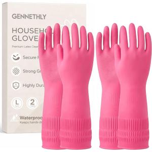Gennethly Rubber Dishwashing Gloves, 2 Pairs, Reusable Cleaning Dish Gloves for Kitchen, Non-Slip, Waterproof Dish Washing, Long Cuff for Woman (Red, Medium)
