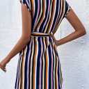 WDIRARA Women's Belted Cap Sleeve Striped Dress Casual Short Dresses (L)
