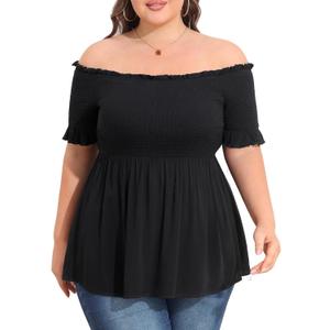 Plus Size Off The Shoulder Tops Summer Short Sleeve Smocked Baby Doll Shirt Tunic Blouse (2X, Black)