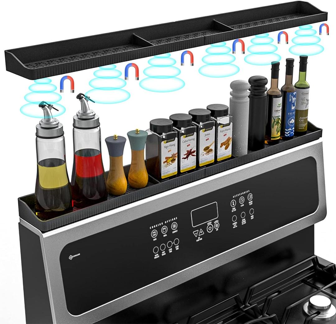 30 Inch Silicone Stove Top Shelf Magnetic for Kitchen Gadgets, Soft Flexible Strong Magnetic Heat Resistant Spice Rack Kitchen Organizer for Over Stove (Black)