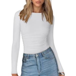 PINKMSTYLE Womens Classic Crew Neck Double Lined Long Sleeve Bodysuit Ruched Slim Fitted Fashion Going Out Fall Tops (S)