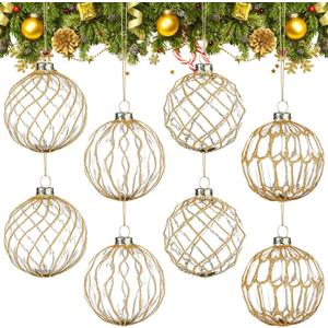 8 Pcs Glass Christmas Tree Ornaments 3.15 Inches Vintage Glass Ball Farmhouse Ball Hanging Ornaments Set for Christmas Tree Party Holiday Indoor Decor(Clear, Gold)