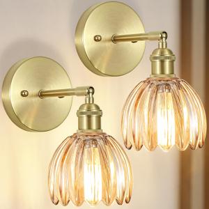Hardwired Wall Sconces Set of Two, Vintage Wall Lights with Amber Tulip Glass Lampshade, Gold Wall Lamps for Bedroom Bedside Stairway Bathroom Living Room (Bulbs Not Included, Not Battery Powered)
