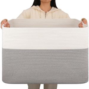 OIAHOMY 108L Extra Large Blanket Basket, 25x16x16 Laundry Basket, Blanket Storage for Living Room, Dog Toy Storage with Handle - Grey & White