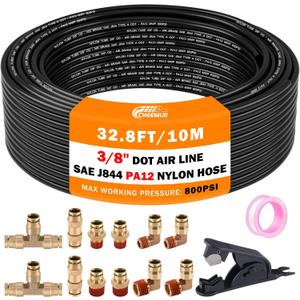 CheeMuii 3/8 Brass DOT Air Fittings With 32.8FT 3/8" DOT Air Line Kit Quick Connect DOT Air Line Fittings and PA12 Pneumatic Tubing for Semi Truck Trailer or Industrial Air System
