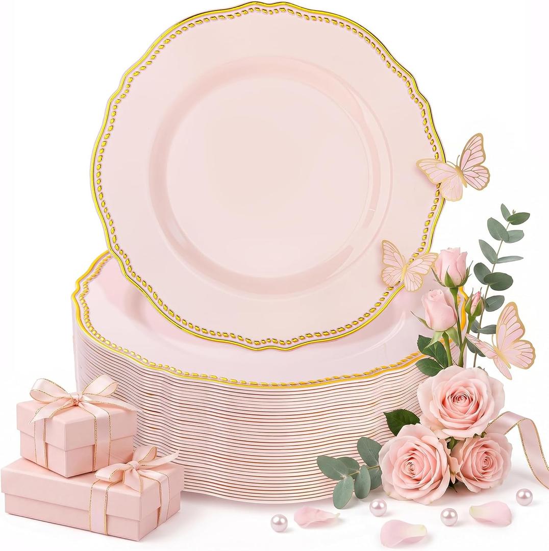 Hioasis 60pcs Pink Plastic Plates - Pink and Gold Disposable Dinnerware with Gold Rim, Heavy-duty, 7 inch, Dessert Plates for Party & Easter & Mothers Day