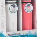 ThermoFlask Stainless Steel Water Bottles 2-Pack - Double-Wall Vacuum Insulated 24 oz BPA-Free Spout Lids - Keeps Drinks Cold 24 Hrs, Hot 12 Hrs - Leakproof, Dishwasher Safe, White/Coral