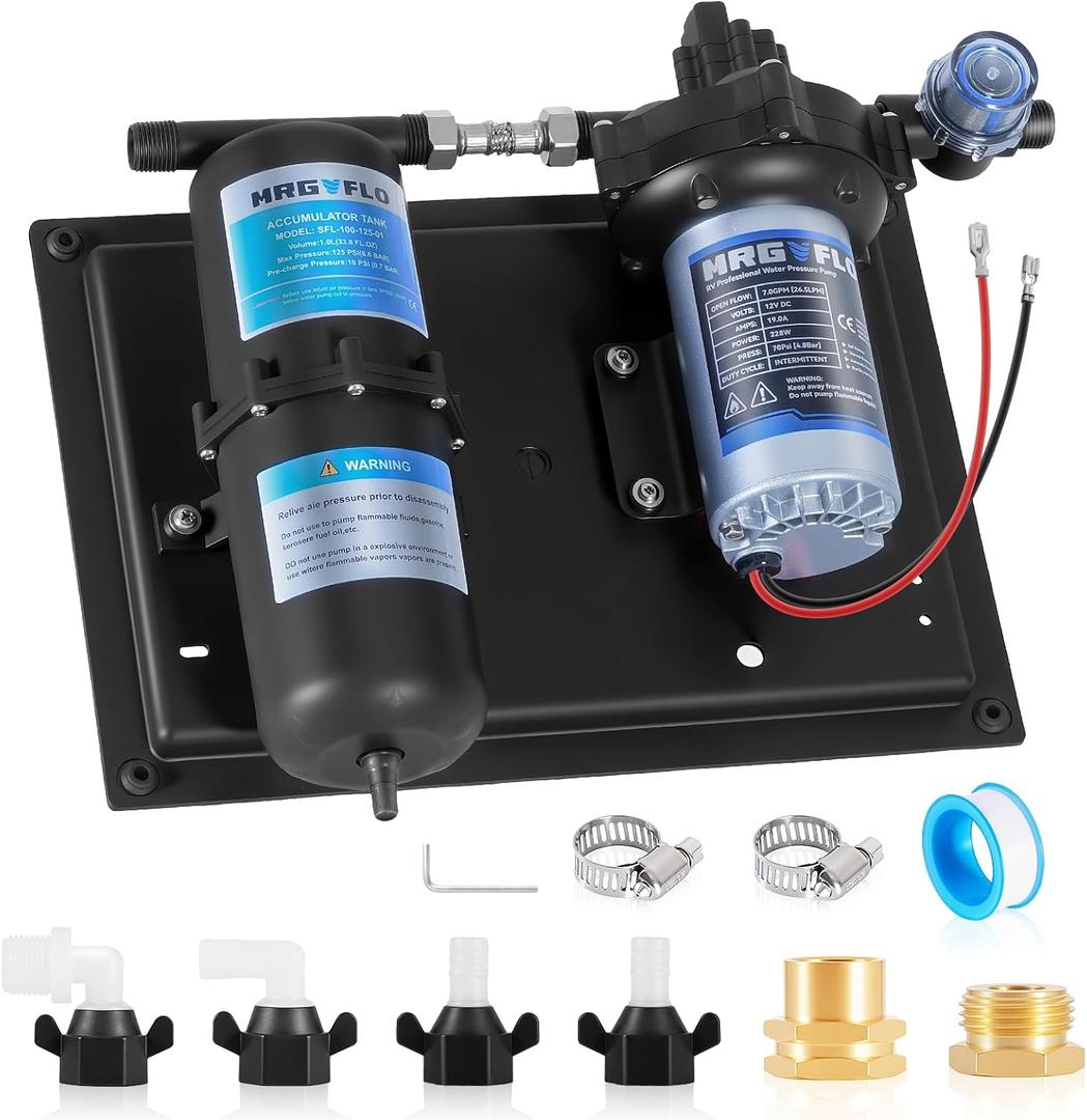 12V Water Pump 7GPM and Accumulator Tank -1L 125PSI Durable, Ultra-Quiet Water Pressure System, Easy Installation, Reduces Pump Cycling, Smooths Water Flow for Home Use, RV, Marine and Off-Grid