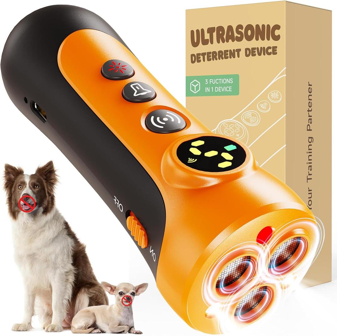 Dog Bark Deterrent Device - 3X Ultrasonic Anti-Bark Device with 5 Adjustable Levels, 30ft Range for Indoor/Outdoor Use Rechargeable & Portable for Your or Neighbor's Dog with Flashlight (Orange)