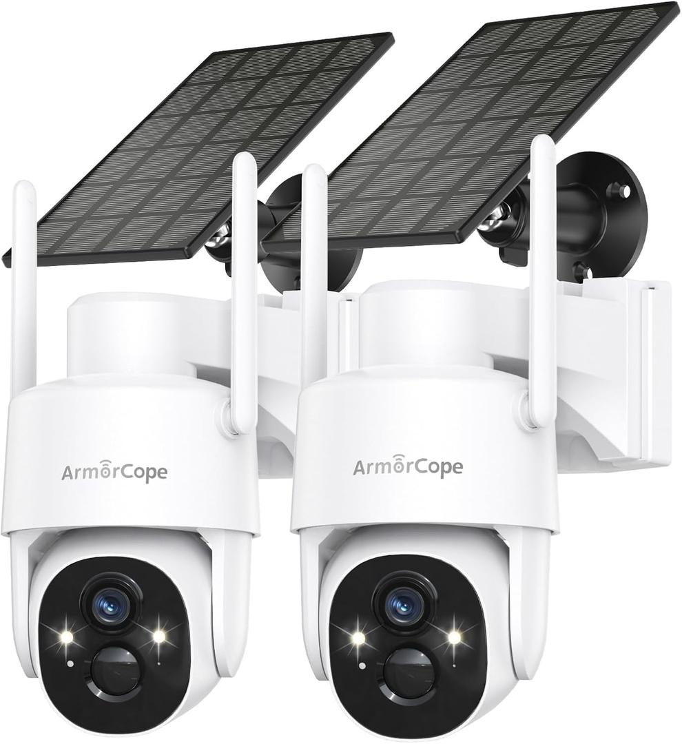Solar Security Cameras Wireless Outdoor,360 View Battery Powered with Spotlight Color Night Vision,2K WiFi Home Security,PIR Sensor,Wireless Easy Install, 2.4 GHz Wi-Fi (White WiFi 2 Pack)