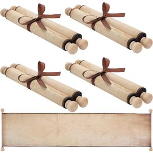 4 Pack Blank Paper Scrolls Scroll Paper Wrapped on Wood Rod for Writing, Drawing, Calligraphy, Wedding Vows, Invitation, Renaissance Festival, 9 x 33.5 Inches