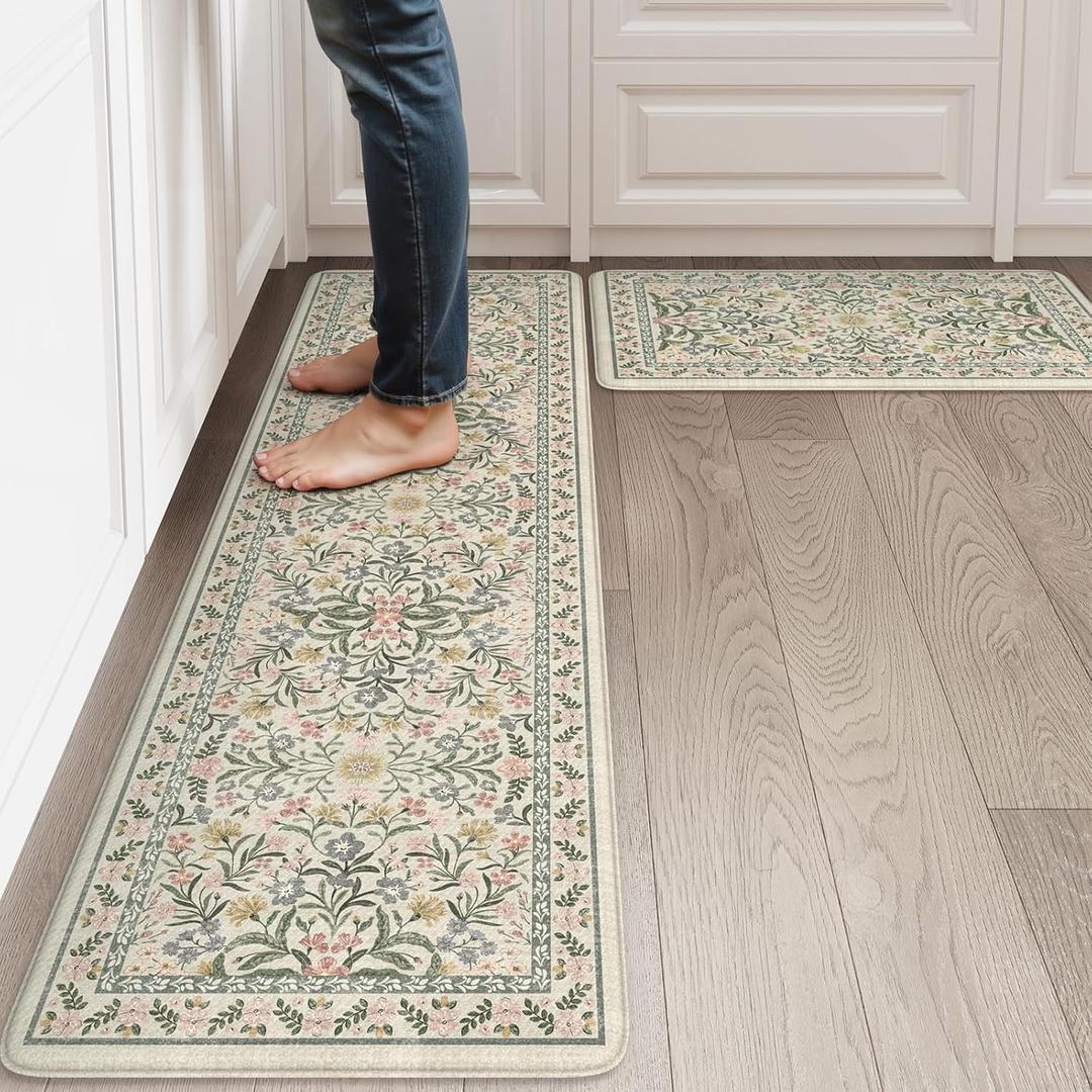 Collive Kitchen Mats for Floor, Cushioned Anti Fatigue Mat Non Skid Waterproof Kitchen Rugs Set of 2, Beige Vintage Comfort Standing Desk Rug for Office, Sink, Laundry, 17"x30"+17"x59"