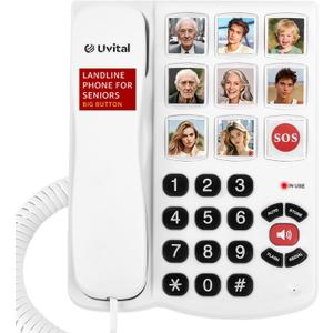 Uvital Big Button Phone for Seniors, Corded Landline Phones for Seniors with 8 One-Touch Dialing Big Buttons and 1 SOS Emergency Button, Hands-Free, Loud Ringer, Easy to Use (White)