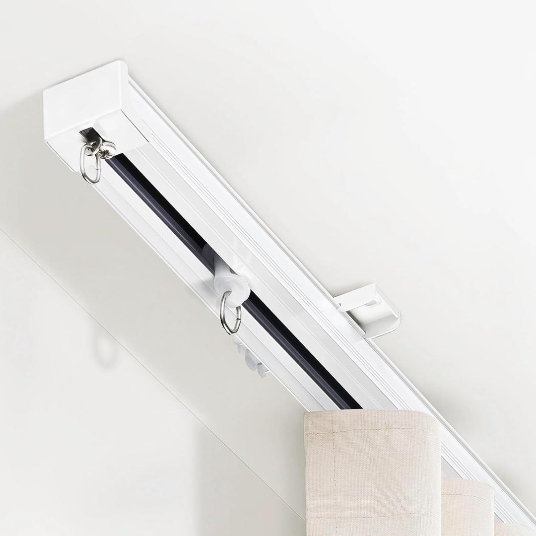 TEAKMAMA Ceiling Curtain Track, Curtain Track Heavy-Duty, Silent Ceiling Mounted Rail Set for Room Divider with Roller Hooks and Clips for Living Room Bedroom, 6ft-9ft, White