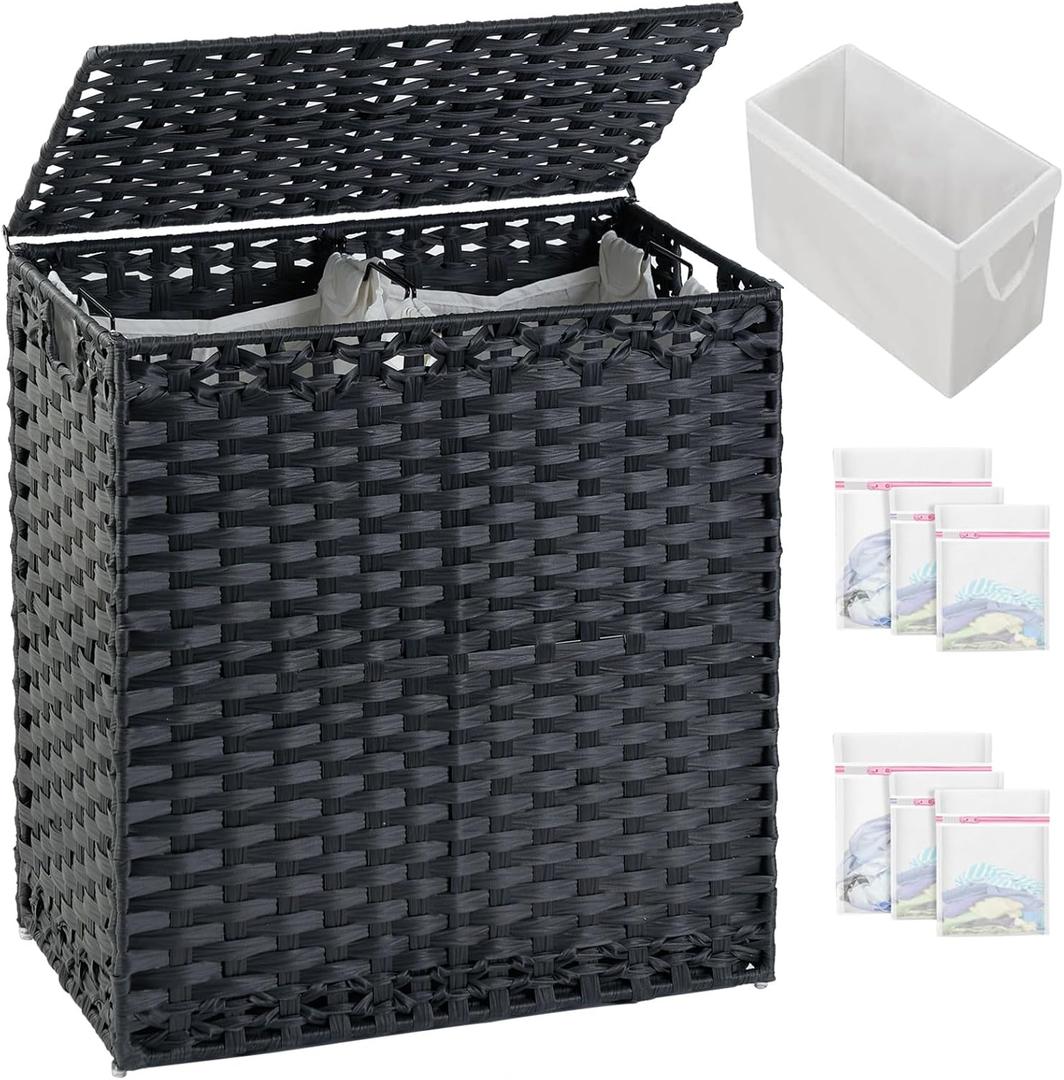SETVSON Laundry Hamper with Lid Wicker Laundry Basket 112 L (29.6 Gal) Laundry Hampers Handwoven Rattan Clothes Hamper with Handles 3 Removable Liner Bag, 6 Mesh Bags for Bathroom Bedroom Black