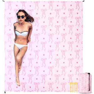 Breling Pink Bow Beach Blanket 79"x 83" for 4-7 Adults Oversized Lightweight Waterproof Sandproof Blanket with 4 Stakes and 4 Pockets Vacation Essentials Suitable for Beach Picnic Mat Camping Hiking